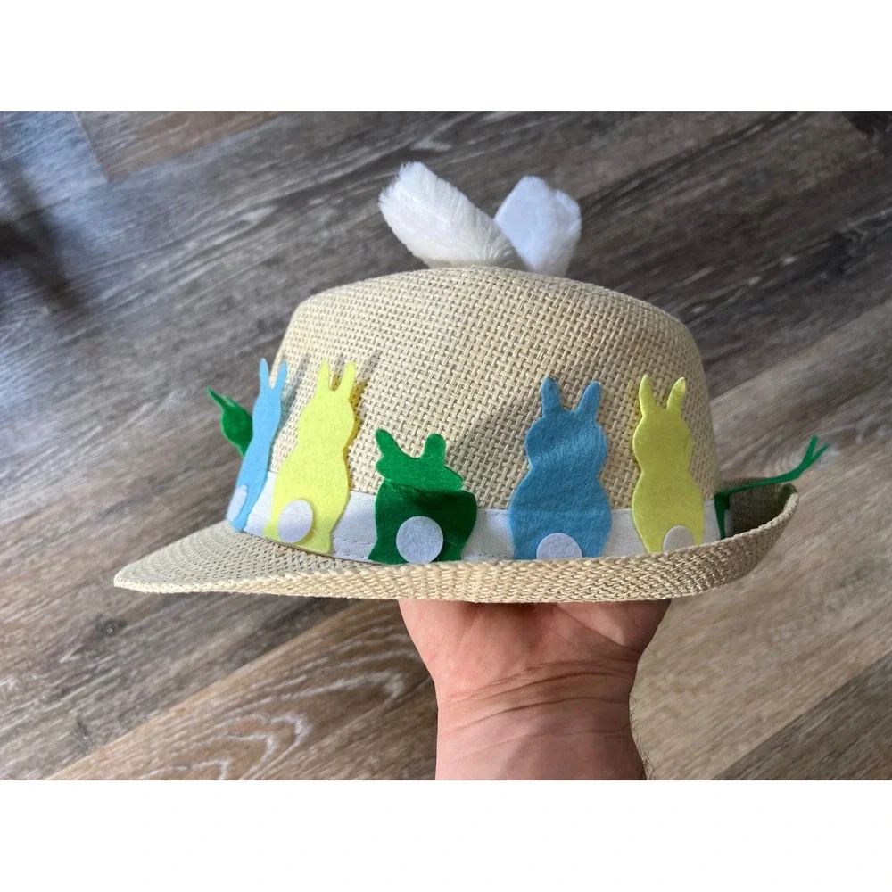 Unbranded Easter Bunny Straw Fedora Hat Kids OS Tan Multi Color Felt Ears